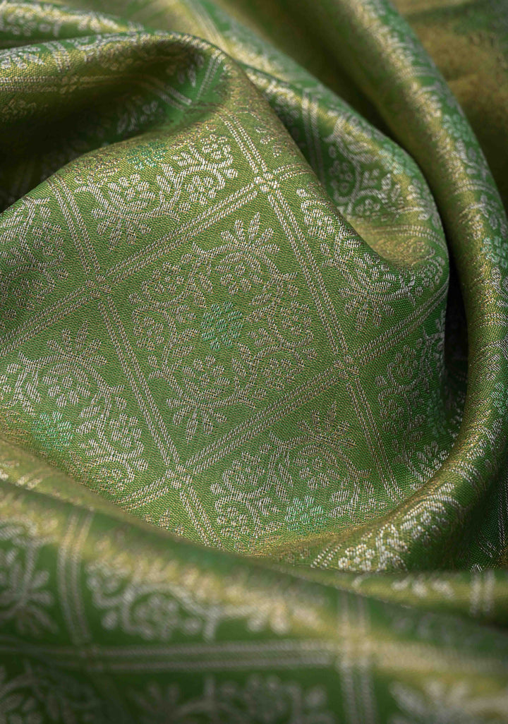 Green Kanjivaram Tissue Semi Silk Saree with Brocade and Contrast Zari Border