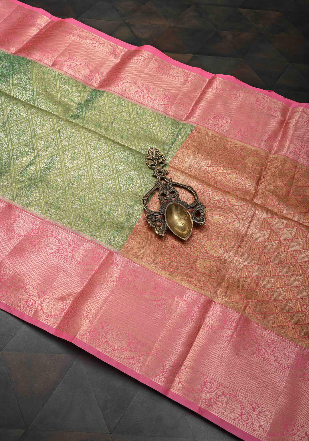 Green Kanjivaram Tissue Semi Silk Saree with Brocade and Contrast Zari Border