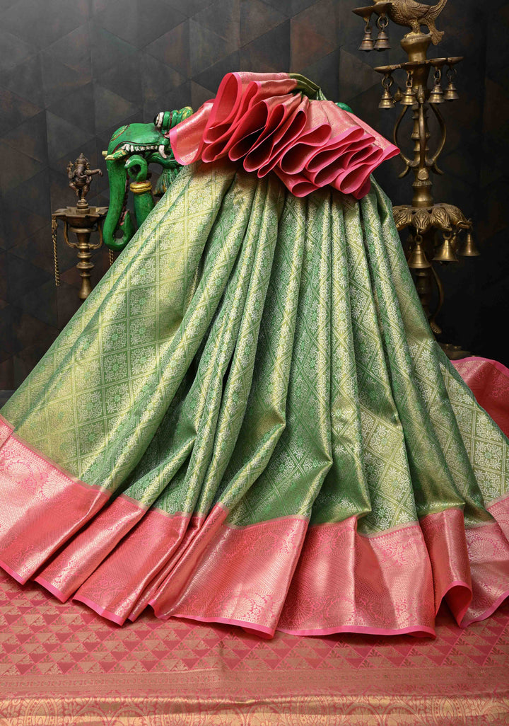 Green Kanjivaram Tissue Semi Silk Saree with Brocade and Contrast Zari Border