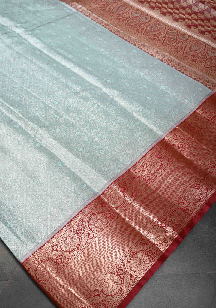 Sea Mist Kanjivaram Tissue Semi Silk Saree with Brocade and Zari Border