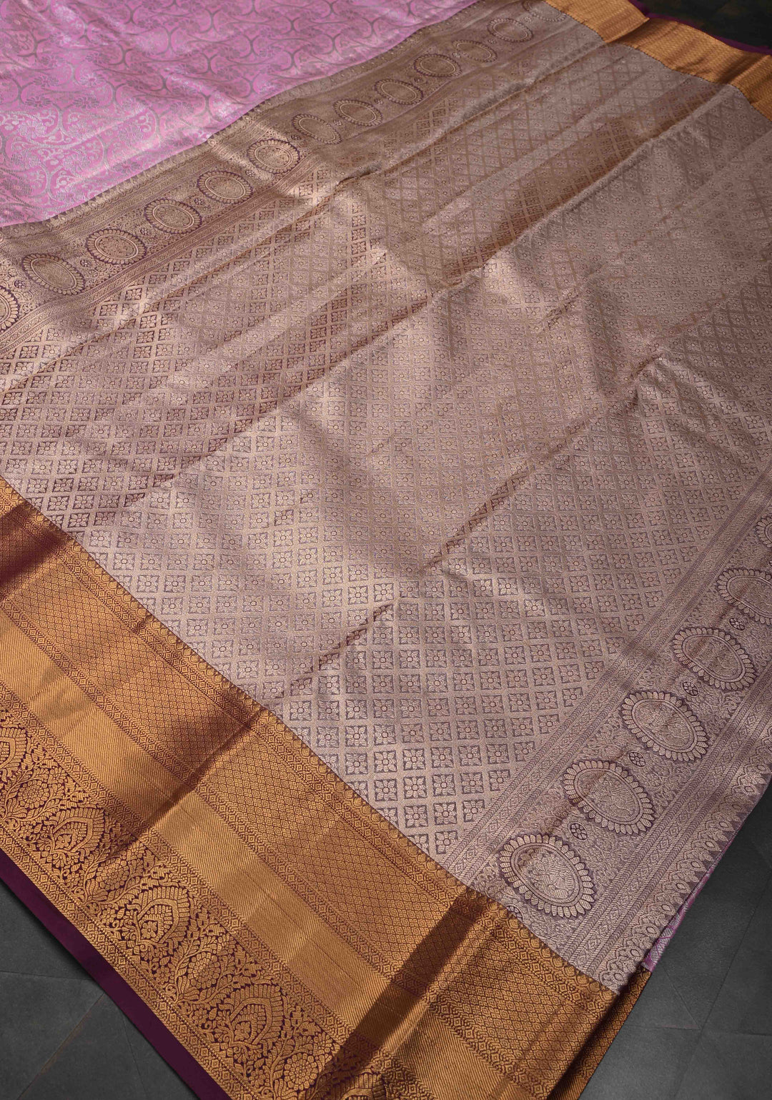 Flamingo Pink Kanjivaram Tissue Semi Silk Saree with Brocade Jaal and Contrast Zari Border