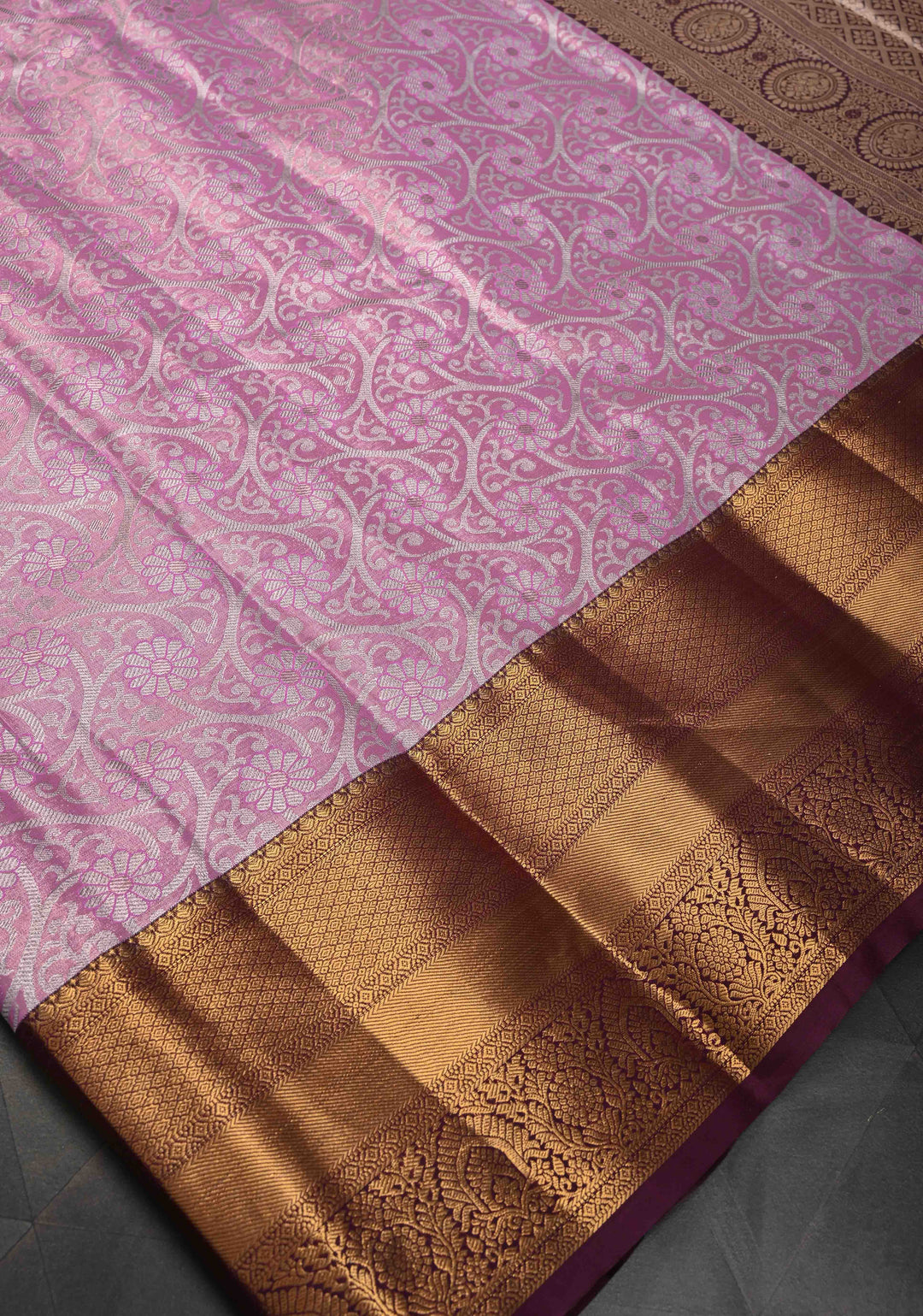 Flamingo Pink Kanjivaram Tissue Semi Silk Saree with Brocade Jaal and Contrast Zari Border