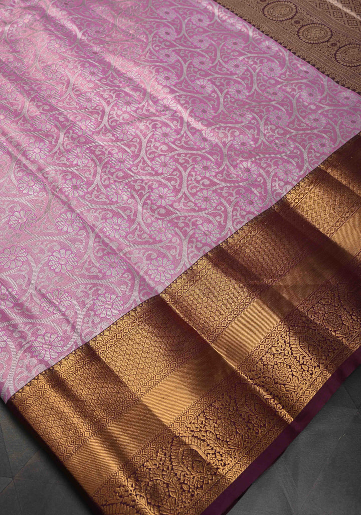 Flamingo Pink Kanjivaram Tissue Semi Silk Saree with Brocade Jaal and Contrast Zari Border