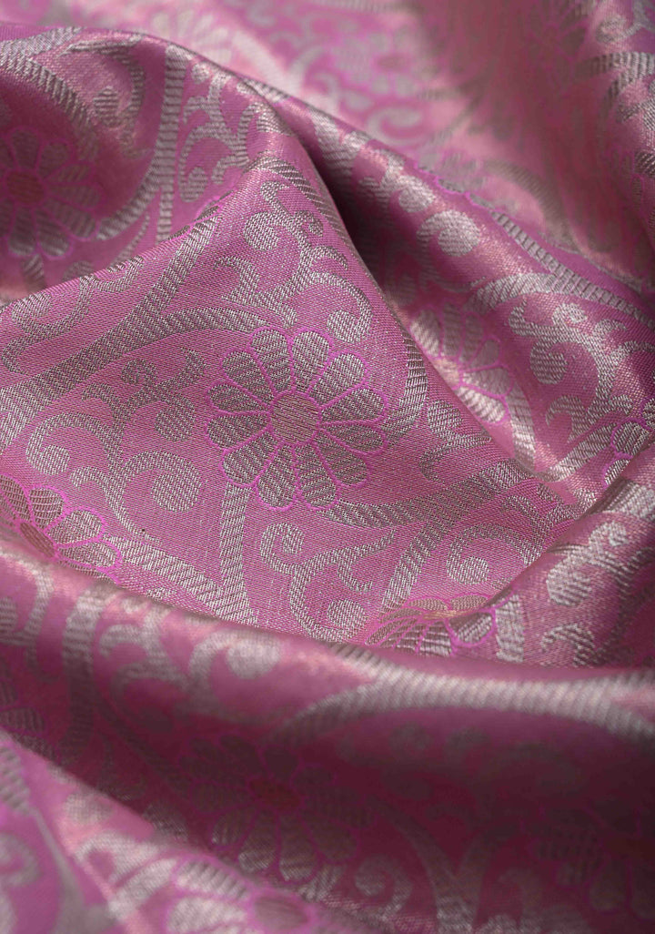 Flamingo Pink Kanjivaram Tissue Semi Silk Saree with Brocade Jaal and Contrast Zari Border
