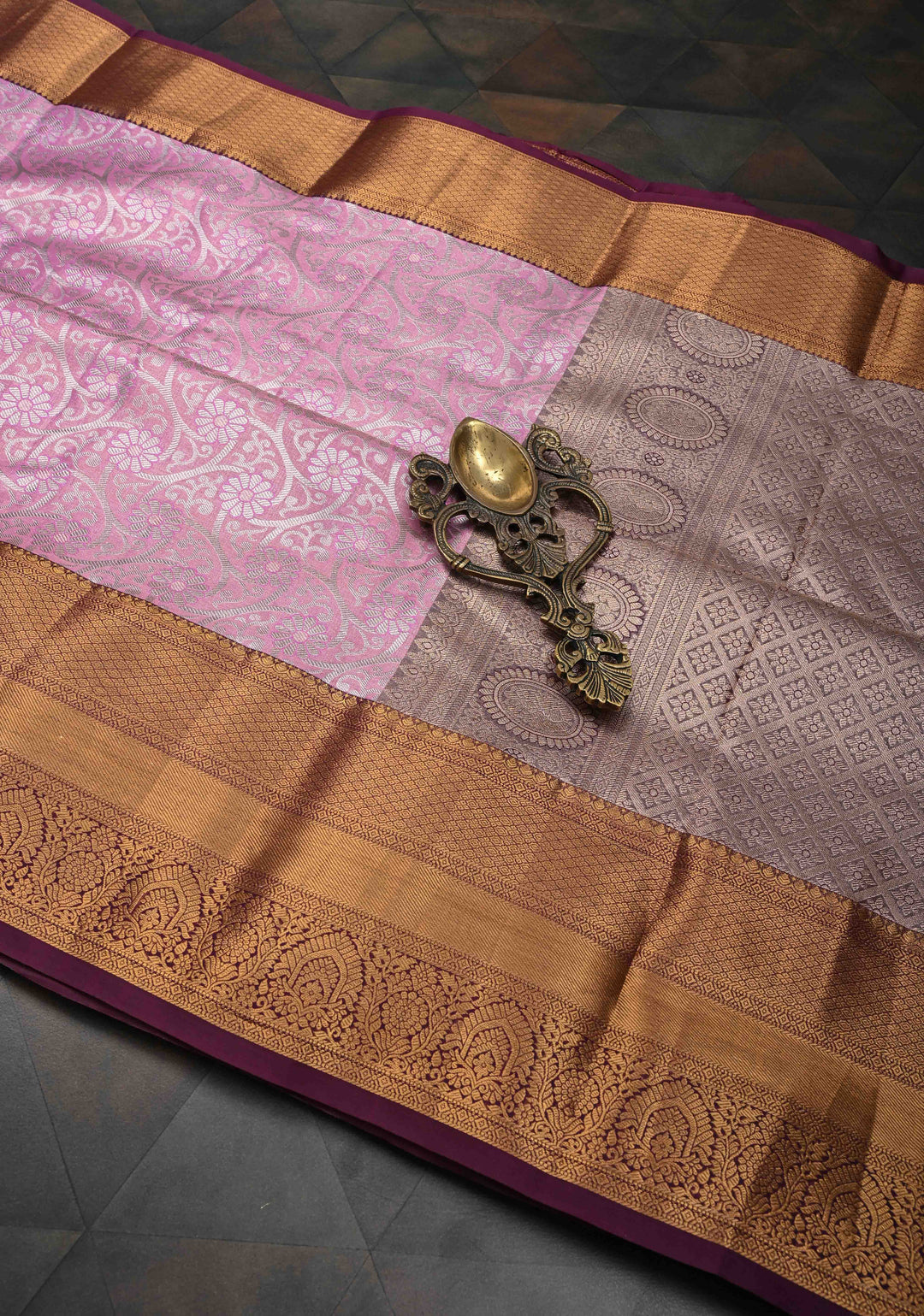 Flamingo Pink Kanjivaram Tissue Semi Silk Saree with Brocade Jaal and Contrast Zari Border