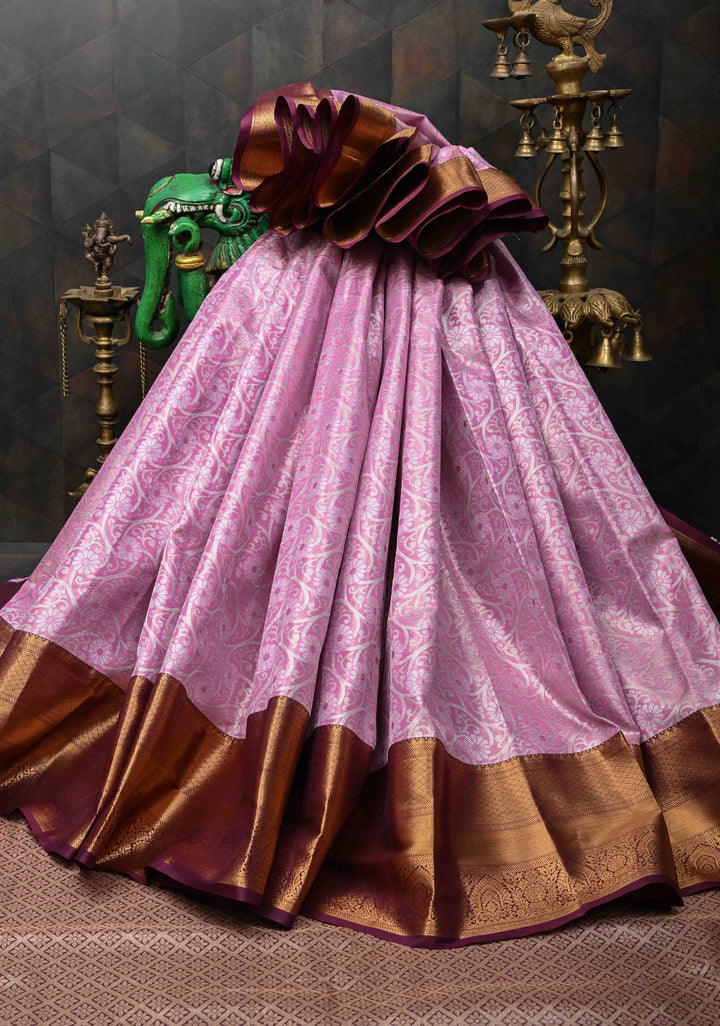 Flamingo Pink Kanjivaram Tissue Semi Silk Saree with Brocade Jaal and Contrast Zari Border
