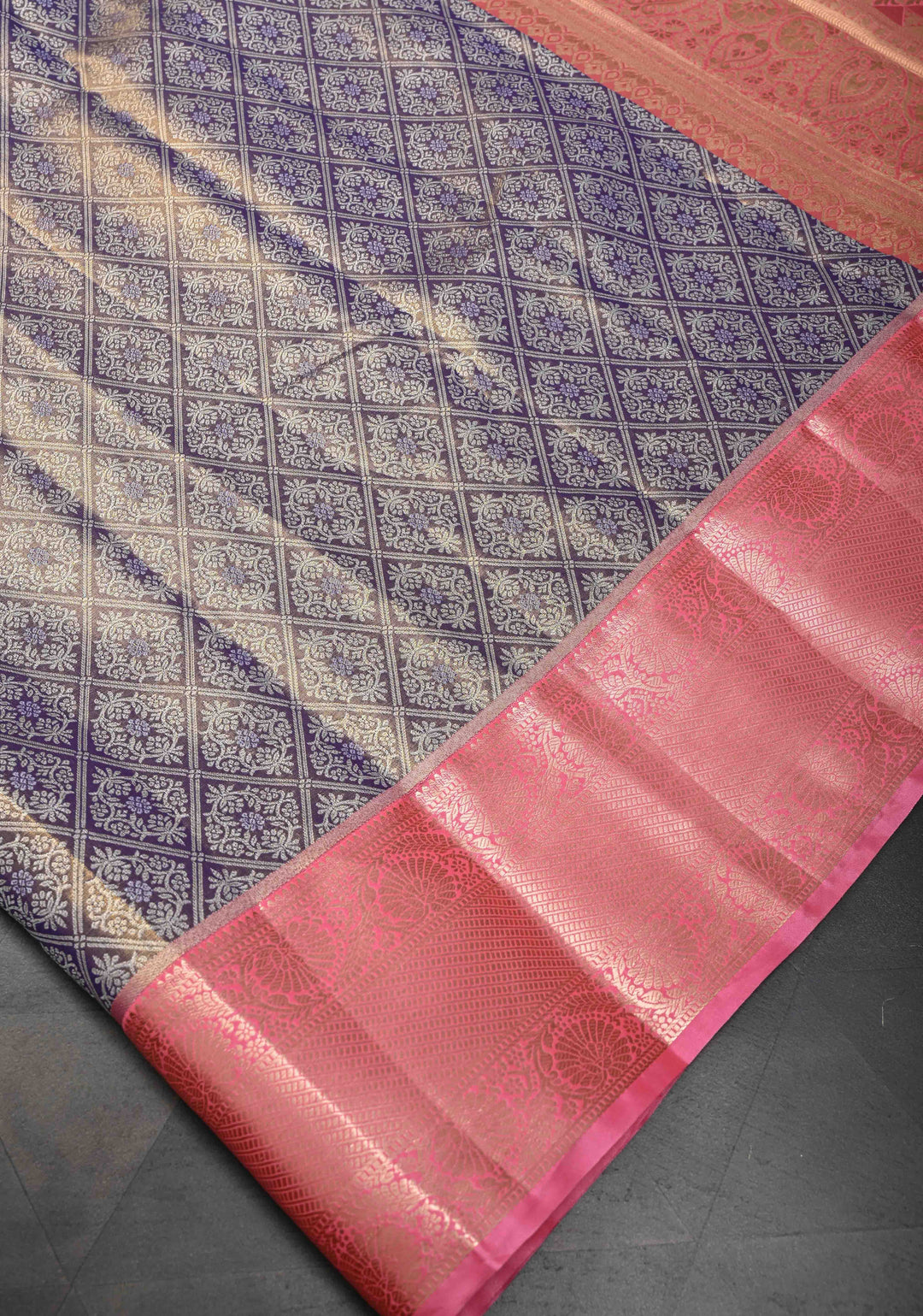Amethyst Semi Silk Tissue Kanjivaram Saree with Brocade Jaal and Contrast Zari Border