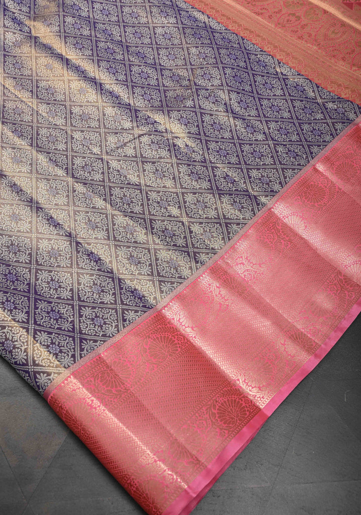 Amethyst Semi Silk Tissue Kanjivaram Saree with Brocade Jaal and Contrast Zari Border