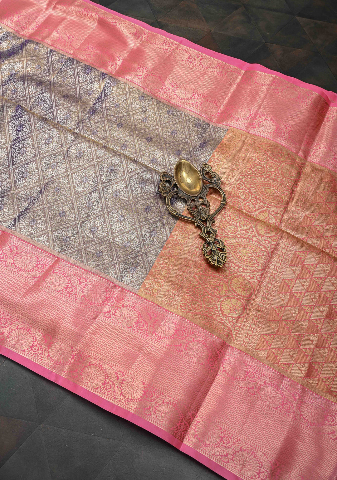 Amethyst Semi Silk Tissue Kanjivaram Saree with Brocade Jaal and Contrast Zari Border