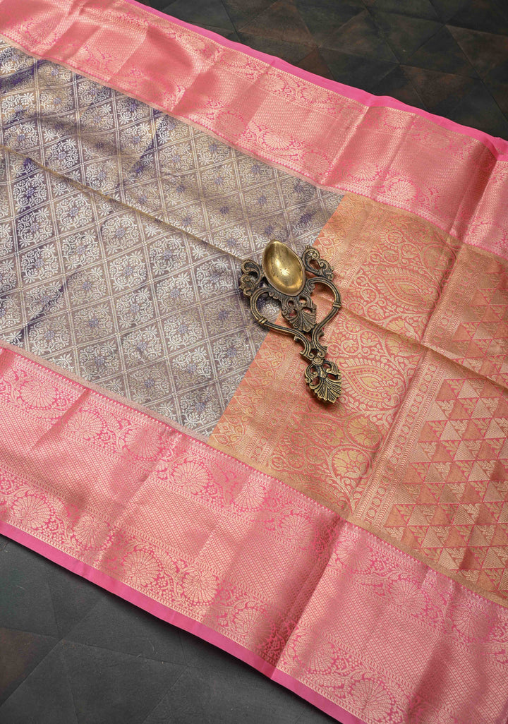 Amethyst Semi Silk Tissue Kanjivaram Saree with Brocade Jaal and Contrast Zari Border