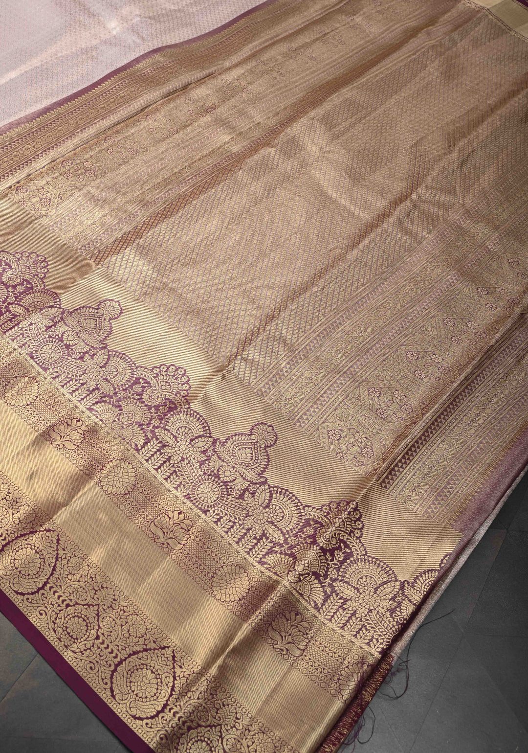Taupe Semi Silk Tissue Kanjivaram Saree with Brocade Jaal and Contrast Zari Border