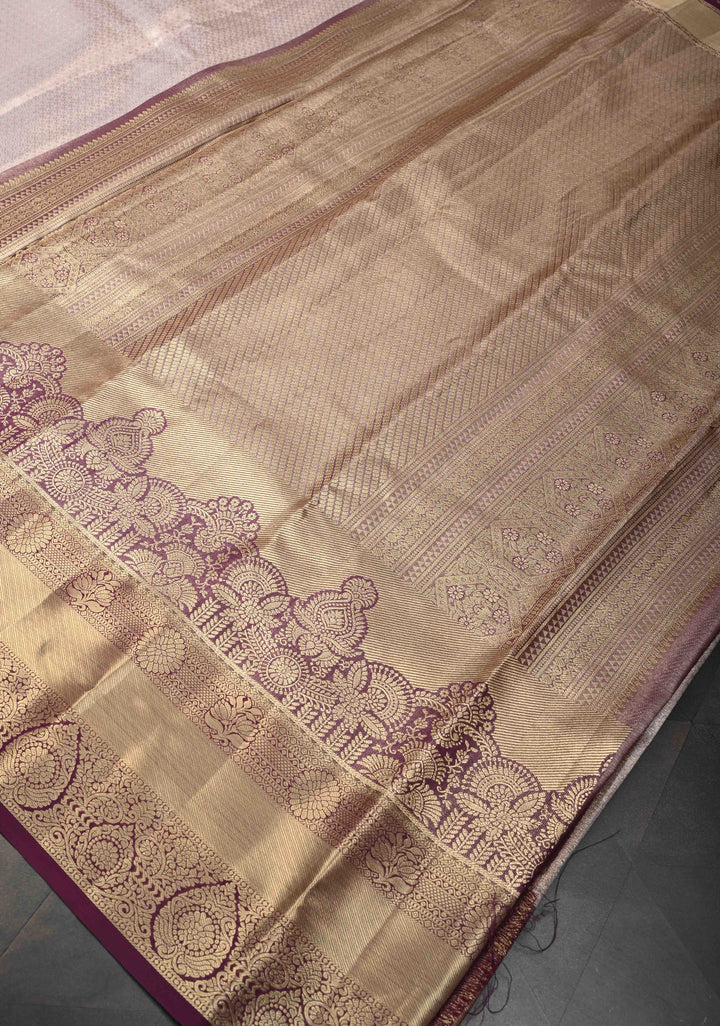 Taupe Semi Silk Tissue Kanjivaram Saree with Brocade Jaal and Contrast Zari Border
