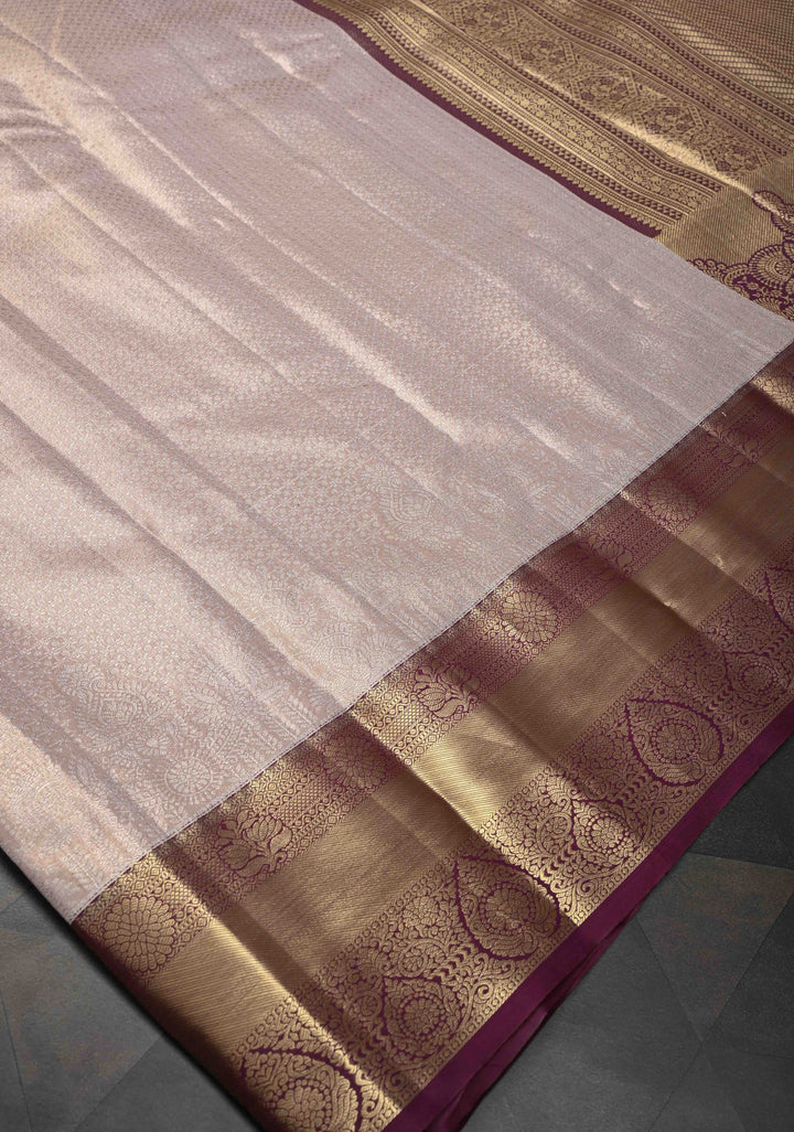 Taupe Semi Silk Tissue Kanjivaram Saree with Brocade Jaal and Contrast Zari Border