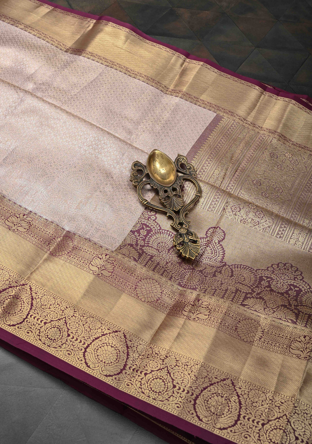 Taupe Semi Silk Tissue Kanjivaram Saree with Brocade Jaal and Contrast Zari Border