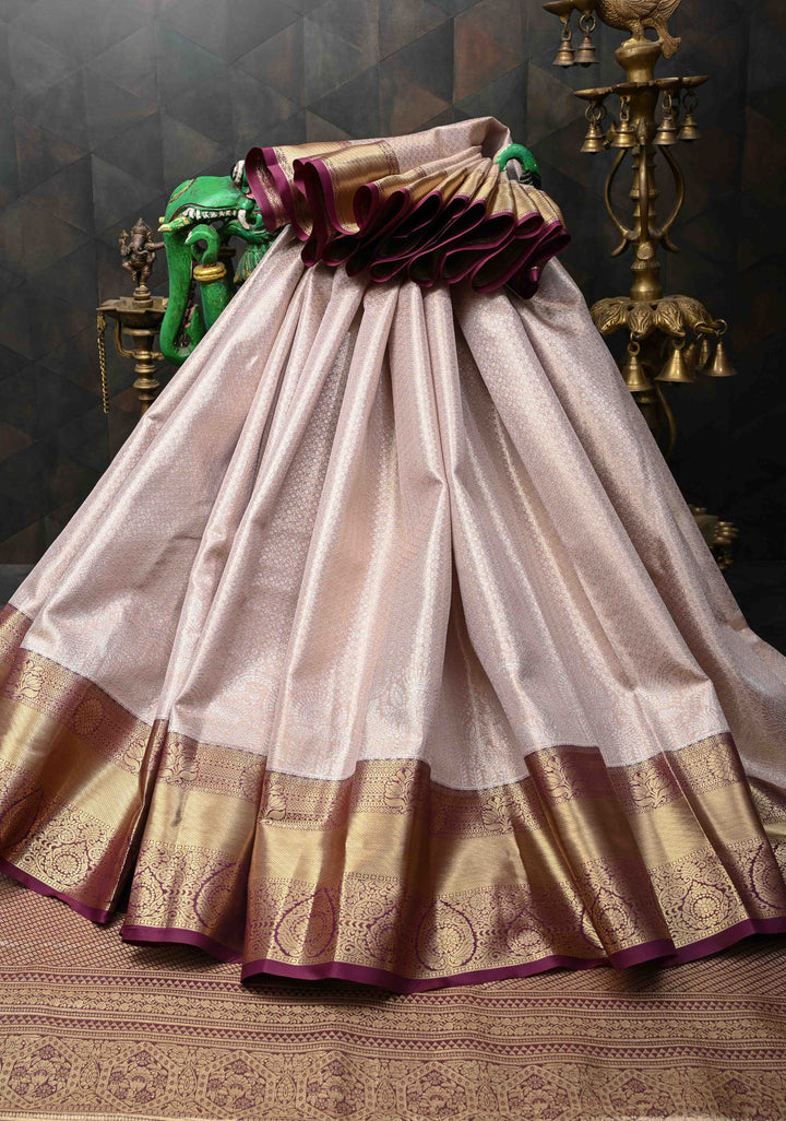 Taupe Semi Silk Tissue Kanjivaram Saree with Brocade Jaal and Contrast Zari Border