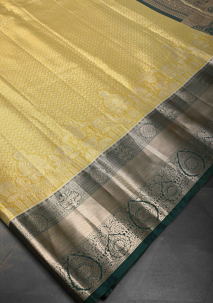 Yellow Semi Silk Tissue Kanjivaram Saree with Brocade and Contrast Zari Border