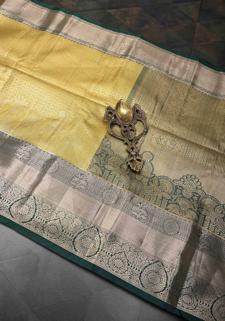 Yellow Semi Silk Tissue Kanjivaram Saree with Brocade and Contrast Zari Border