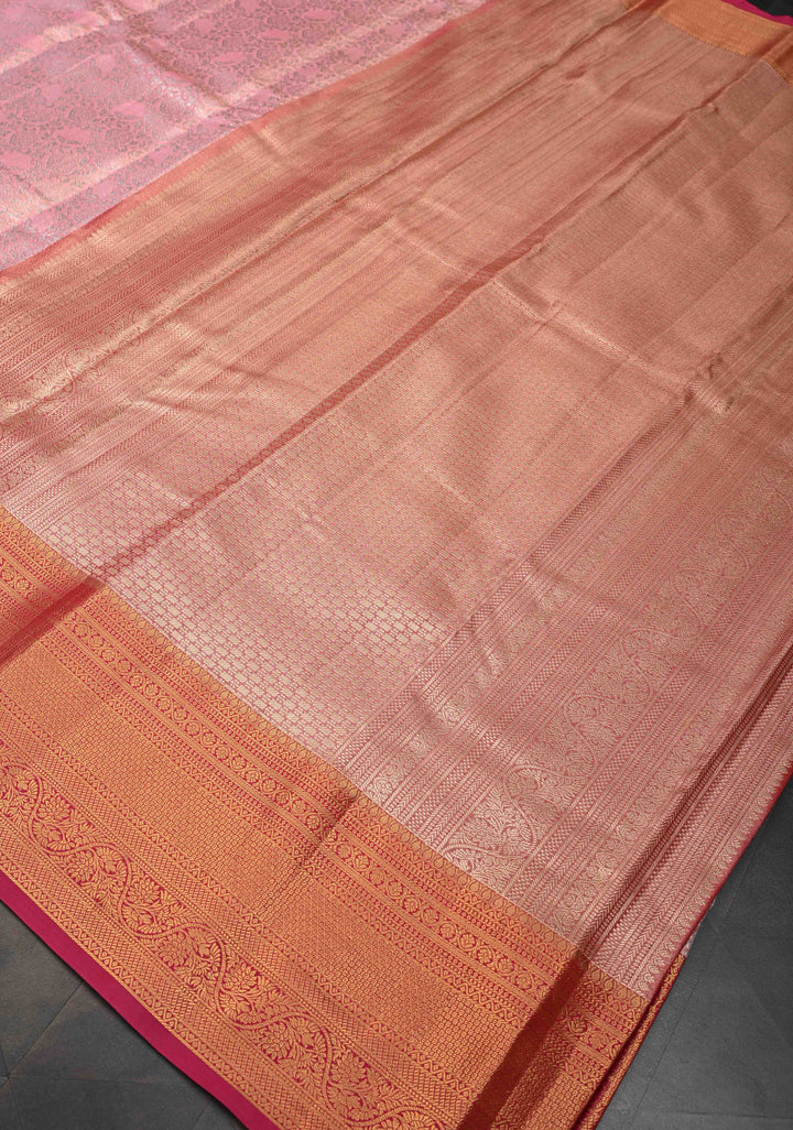 Rose Pink Semi Silk Tissue Kanjivaram Saree with Brocade Jaal and Contrast Zari Border