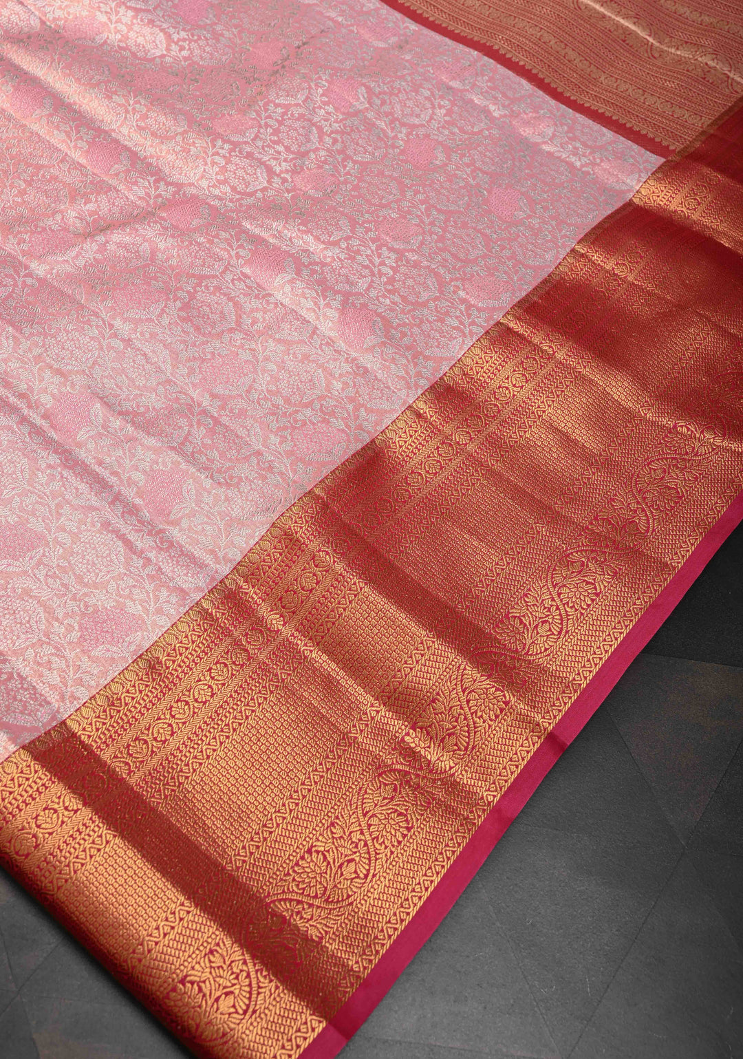 Rose Pink Semi Silk Tissue Kanjivaram Saree with Brocade Jaal and Contrast Zari Border