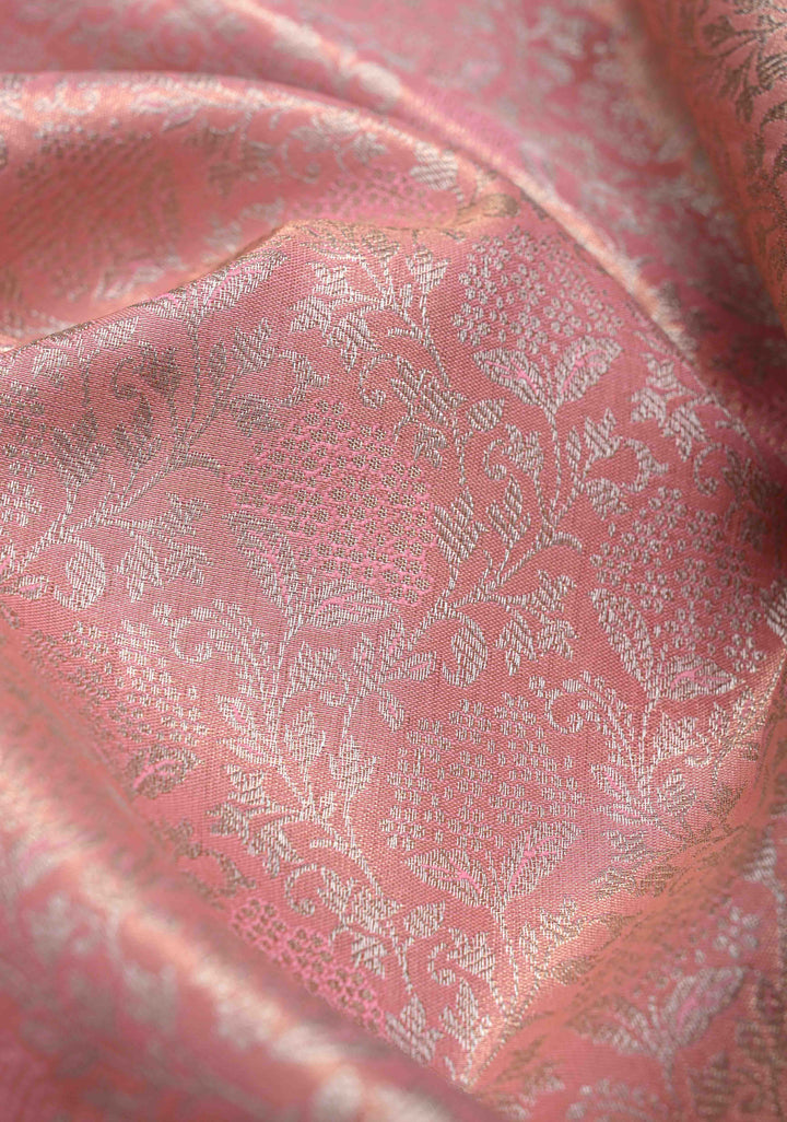 Rose Pink Semi Silk Tissue Kanjivaram Saree with Brocade Jaal and Contrast Zari Border