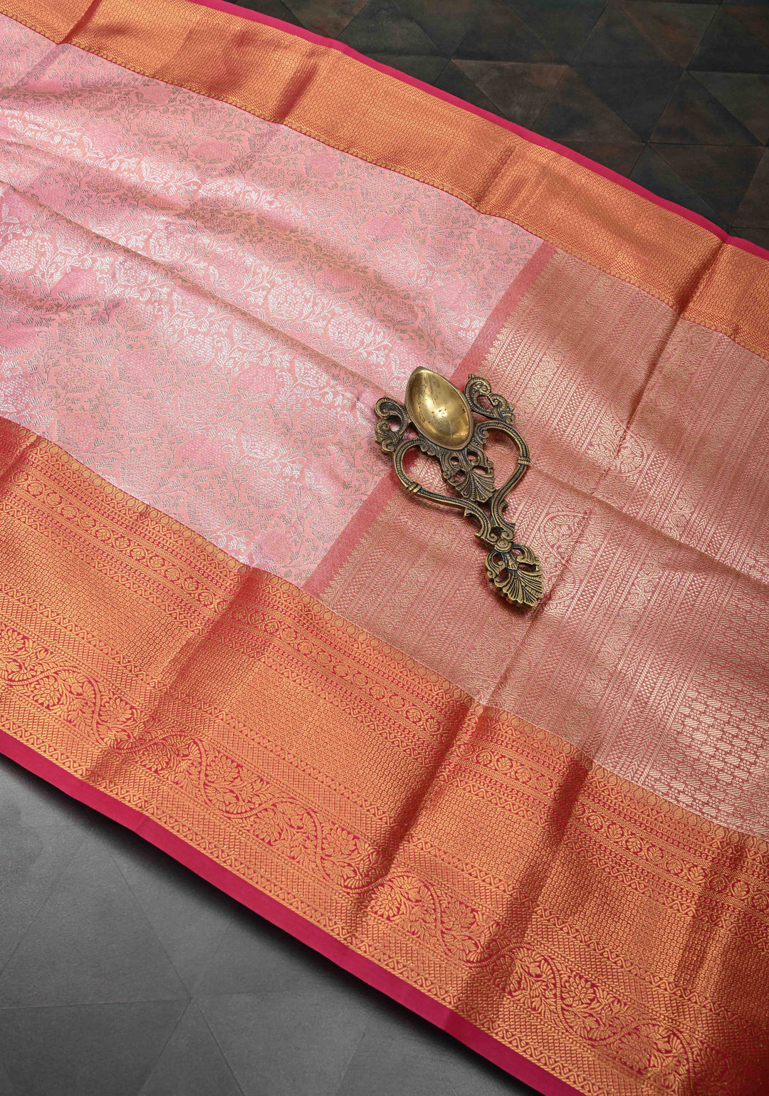 Rose Pink Semi Silk Tissue Kanjivaram Saree with Brocade Jaal and Contrast Zari Border
