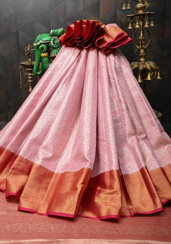 Rose Pink Semi Silk Tissue Kanjivaram Saree with Brocade Jaal and Contrast Zari Border