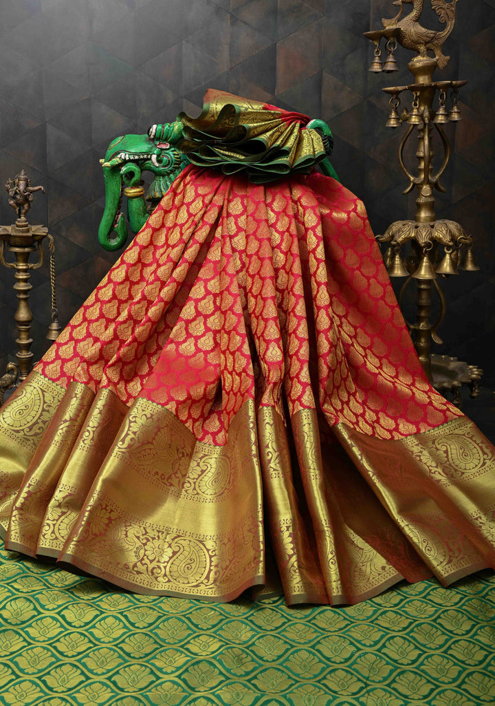 Red Kanjivaram Semi Silk Saree with Brocade and Wide Zari Border