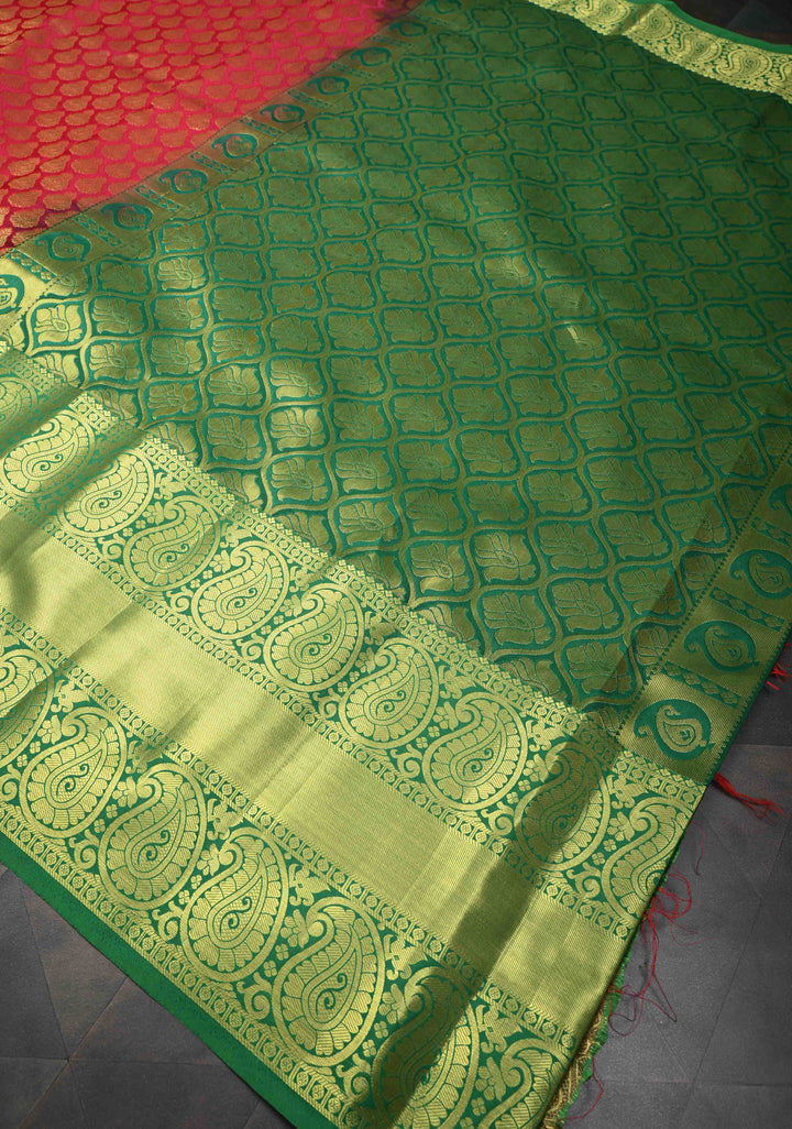 Red Kanjivaram Semi Silk Saree with Brocade and Wide Zari Border