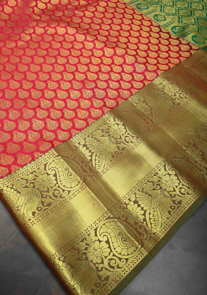 Red Kanjivaram Semi Silk Saree with Brocade and Wide Zari Border