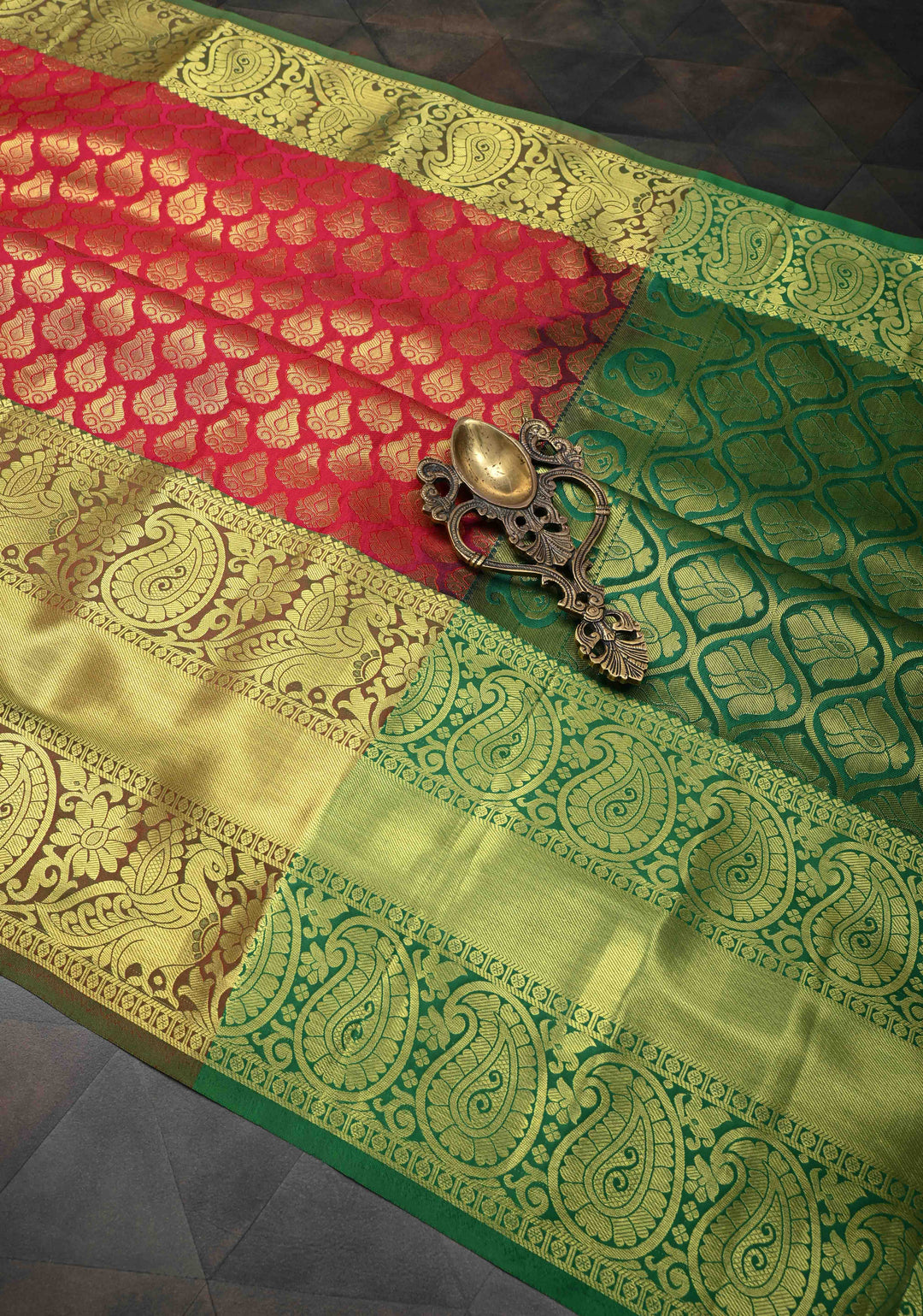 Red Kanjivaram Semi Silk Saree with Brocade and Wide Zari Border