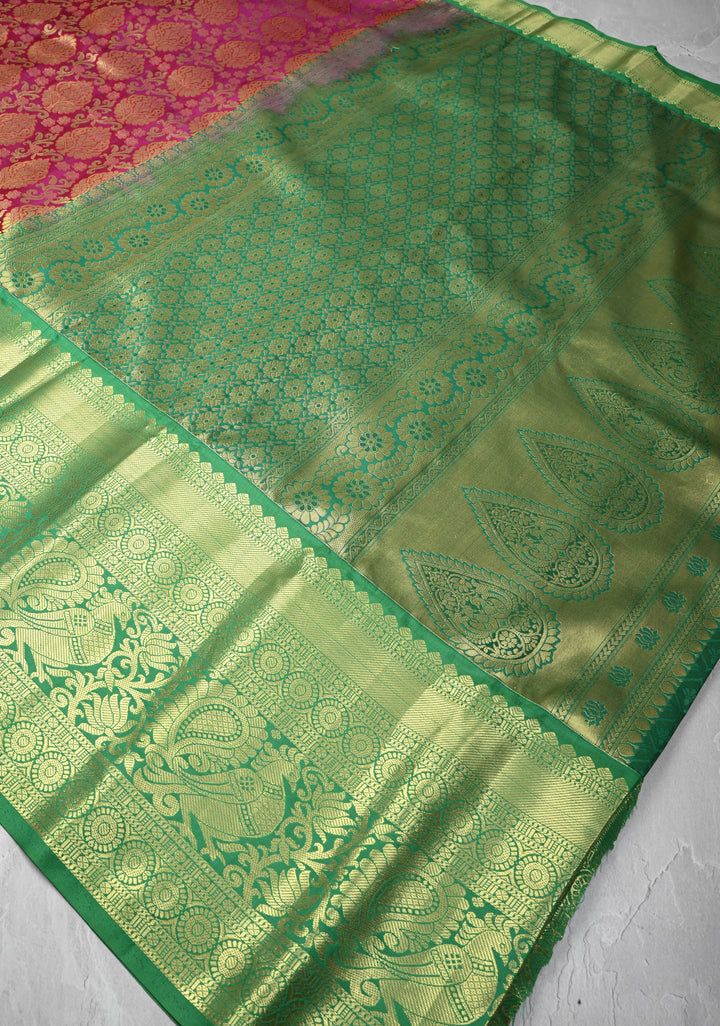 Deep Pink Kanjivaram Semi Silk Saree with Floral Brocade and Wide Contrast Zari Border