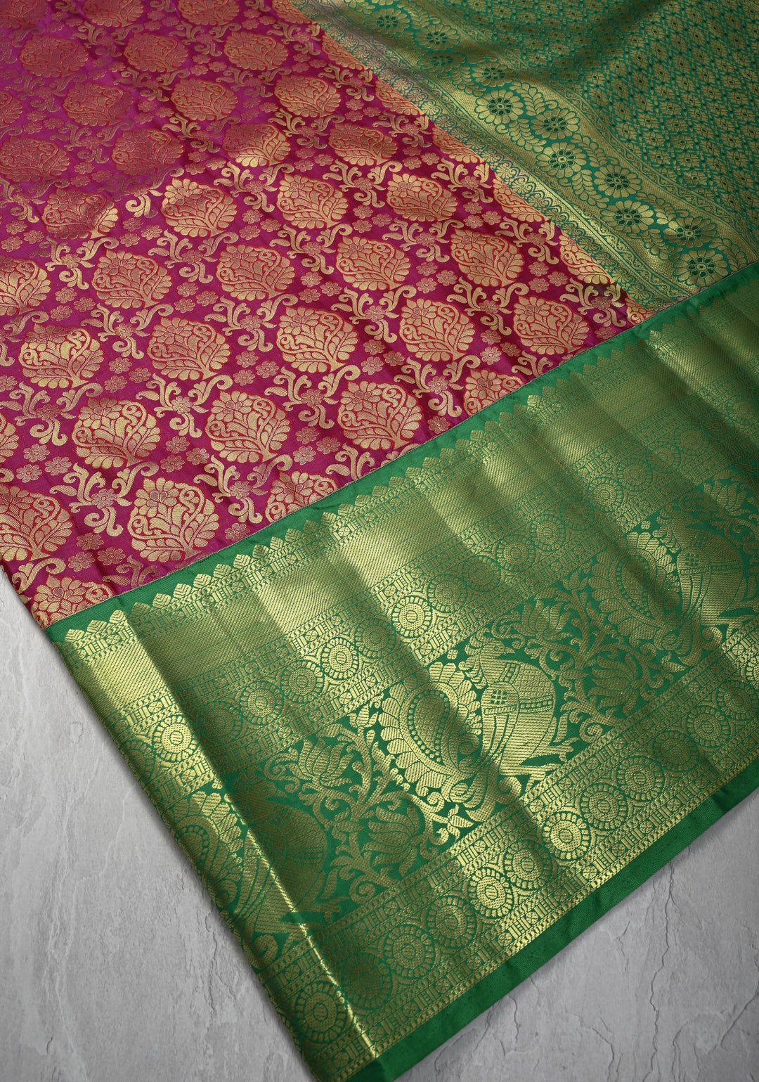 Deep Pink Kanjivaram Semi Silk Saree with Floral Brocade and Wide Contrast Zari Border