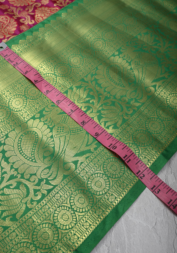 Deep Pink Kanjivaram Semi Silk Saree with Floral Brocade and Wide Contrast Zari Border