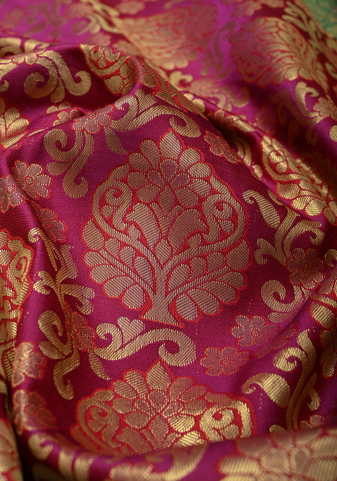 Deep Pink Kanjivaram Semi Silk Saree with Floral Brocade and Wide Contrast Zari Border