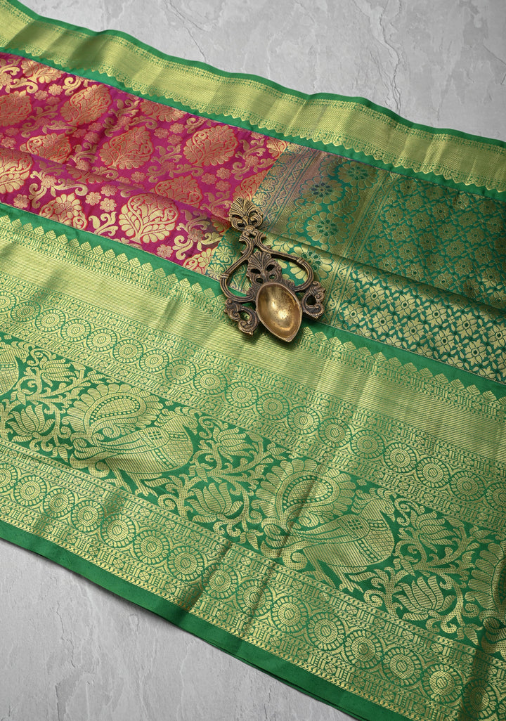 Deep Pink Kanjivaram Semi Silk Saree with Floral Brocade and Wide Contrast Zari Border