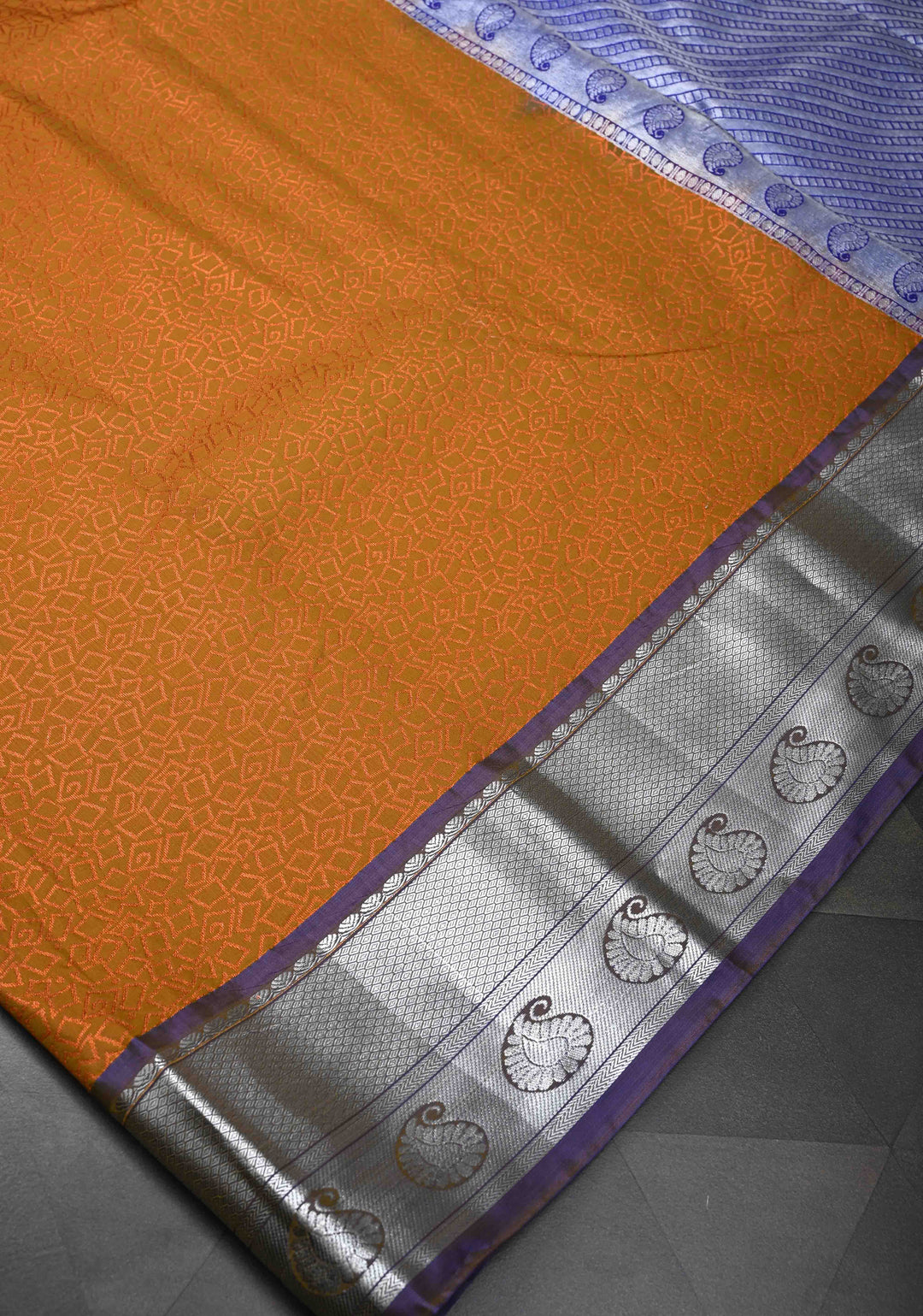 Ochre Semi Silk Kanjivaram Saree with Zari Brocade and Zari Border