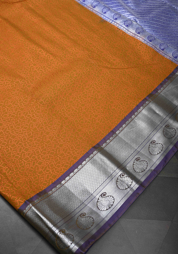 Ochre Semi Silk Kanjivaram Saree with Zari Brocade and Zari Border