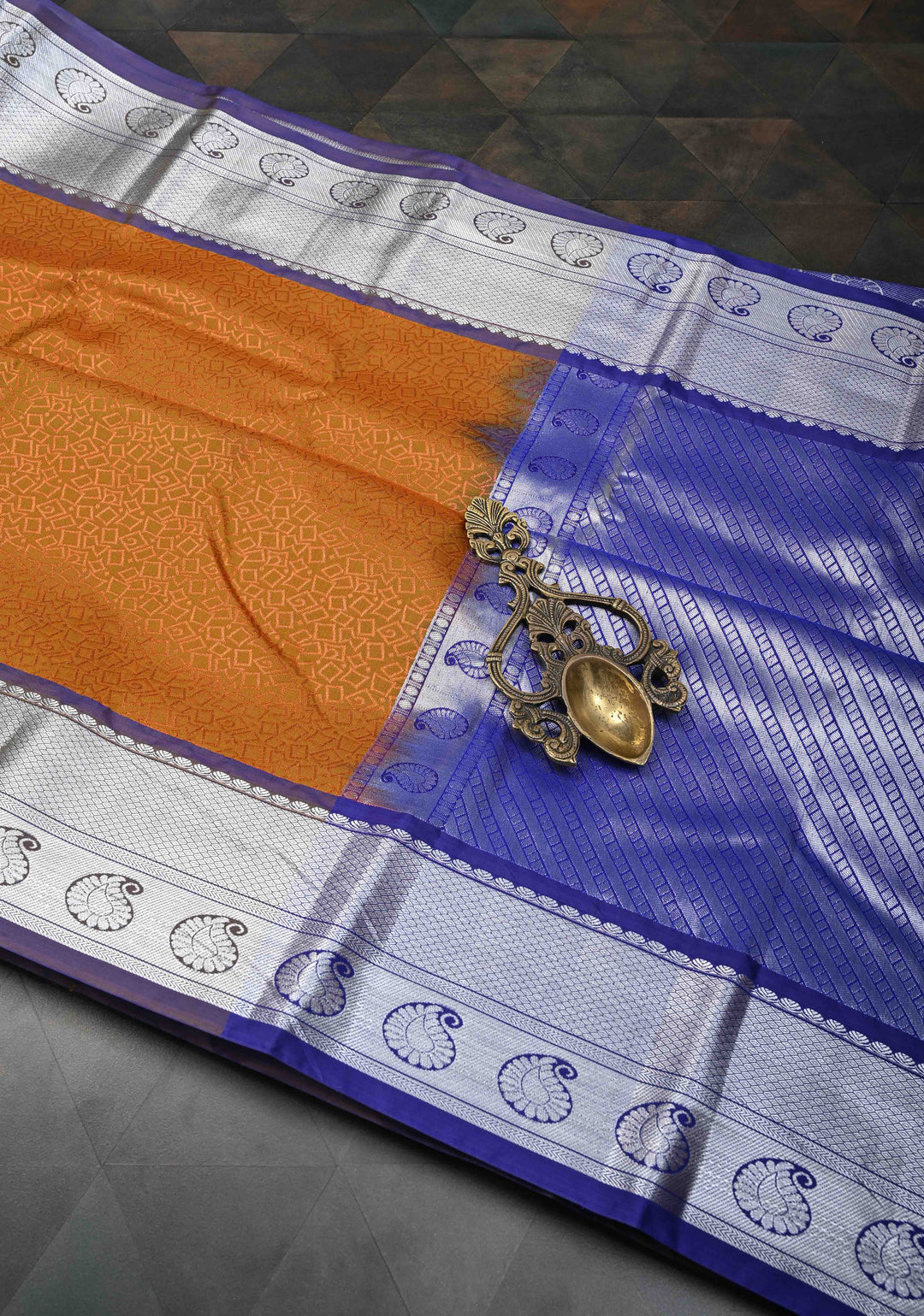 Ochre Semi Silk Kanjivaram Saree with Zari Brocade and Zari Border