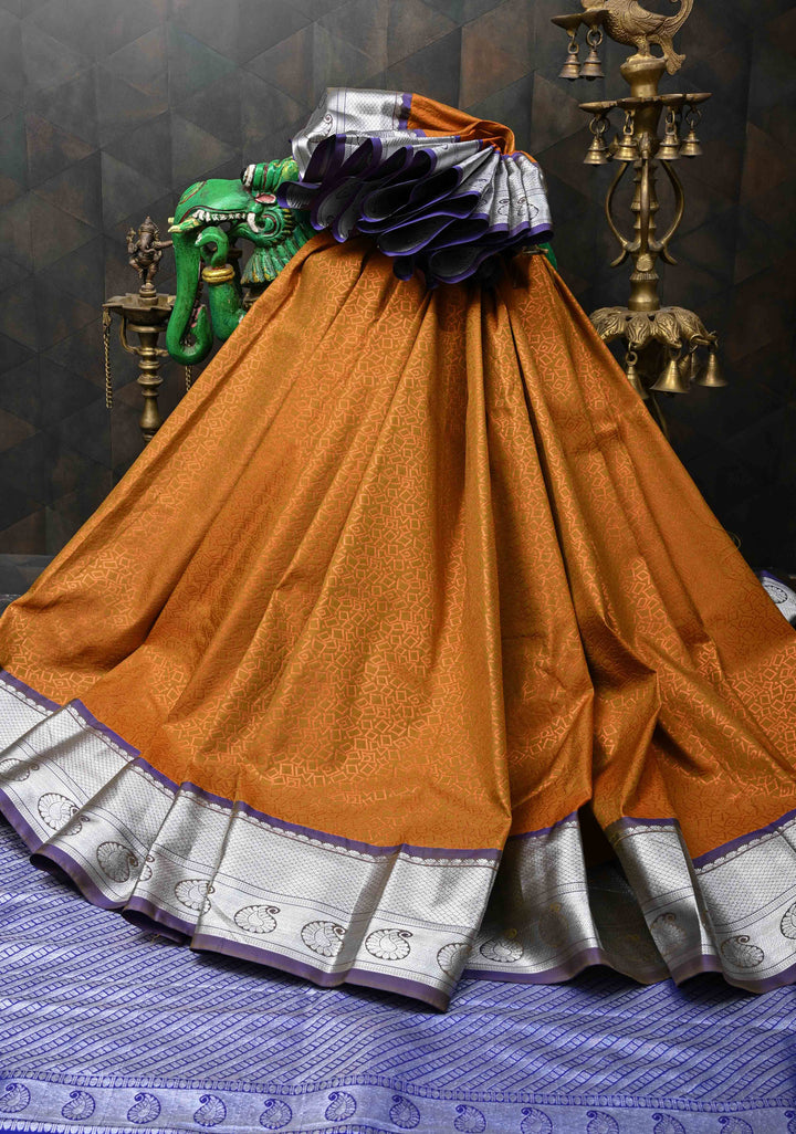 Ochre Semi Silk Kanjivaram Saree with Zari Brocade and Zari Border