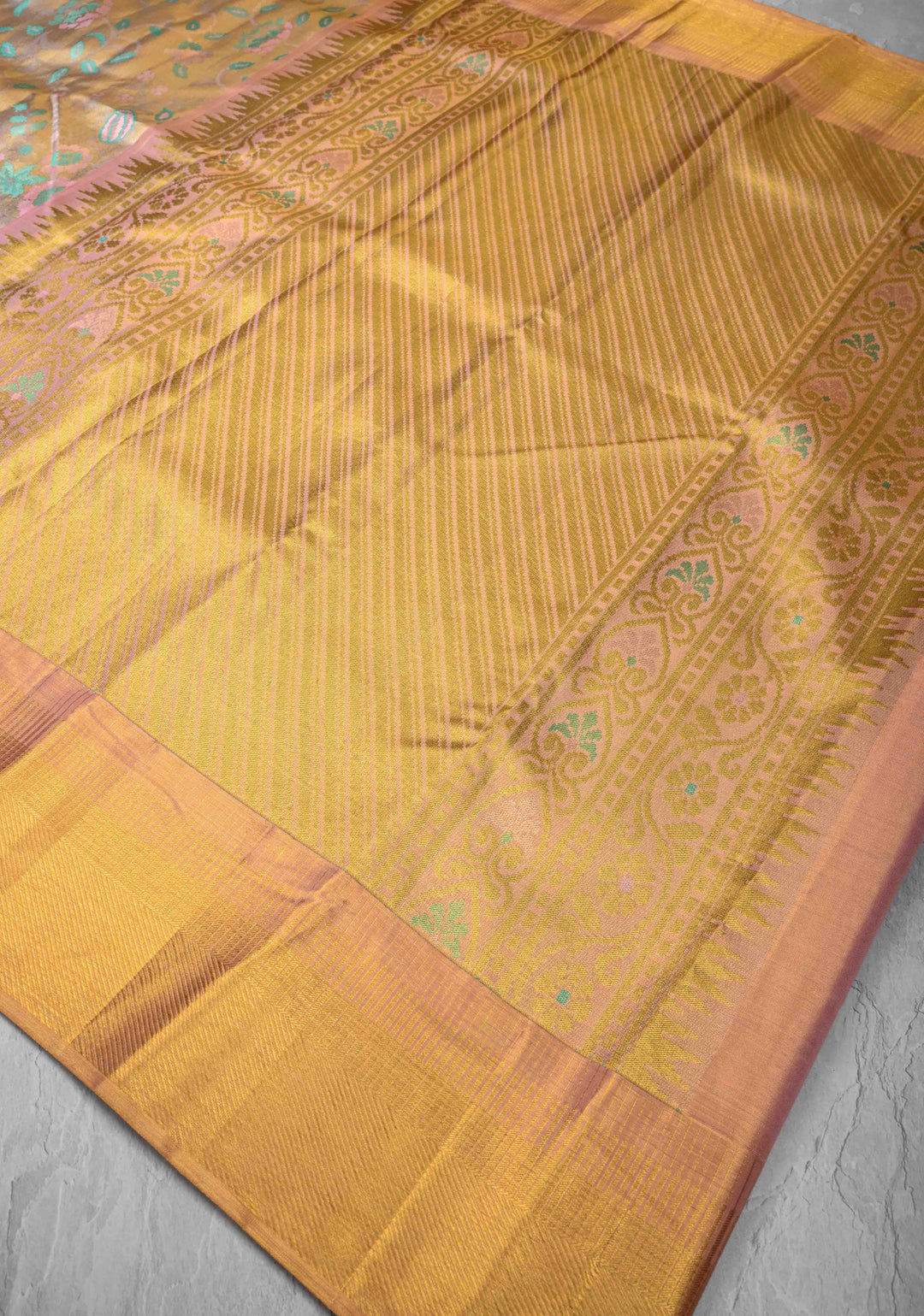 Gold Meenakari Floral Tissue Kanjivaram Pure Silk Saree With Zari Border | SILK MARK CERTIFIED