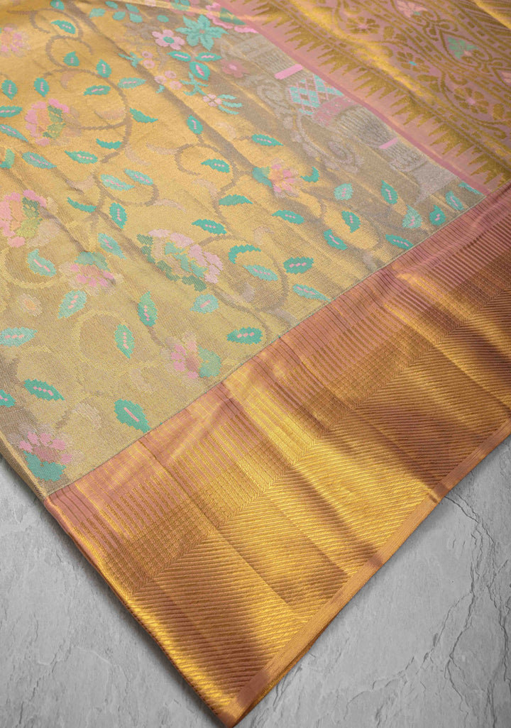 Gold Meenakari Floral Tissue Kanjivaram Pure Silk Saree With Zari Border | SILK MARK CERTIFIED