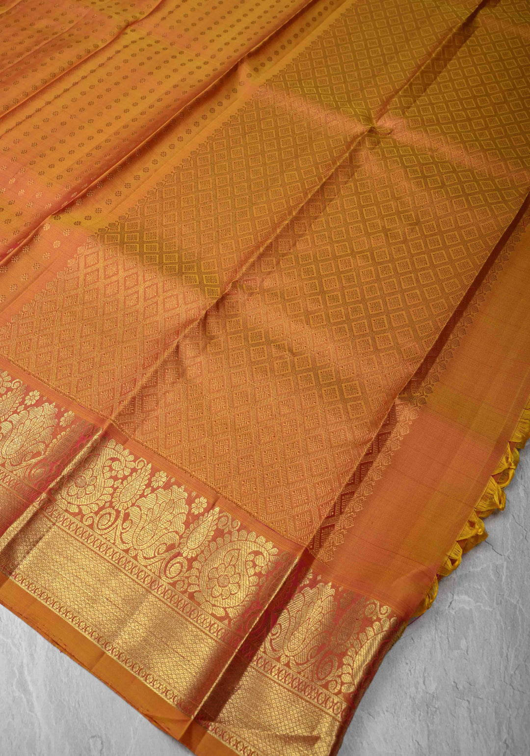 DUPATTA: Pure Kanjivaram Dupatta in Mustard Dual tone with Chunri Buttis and Zari Borders | SILK MARK Certified