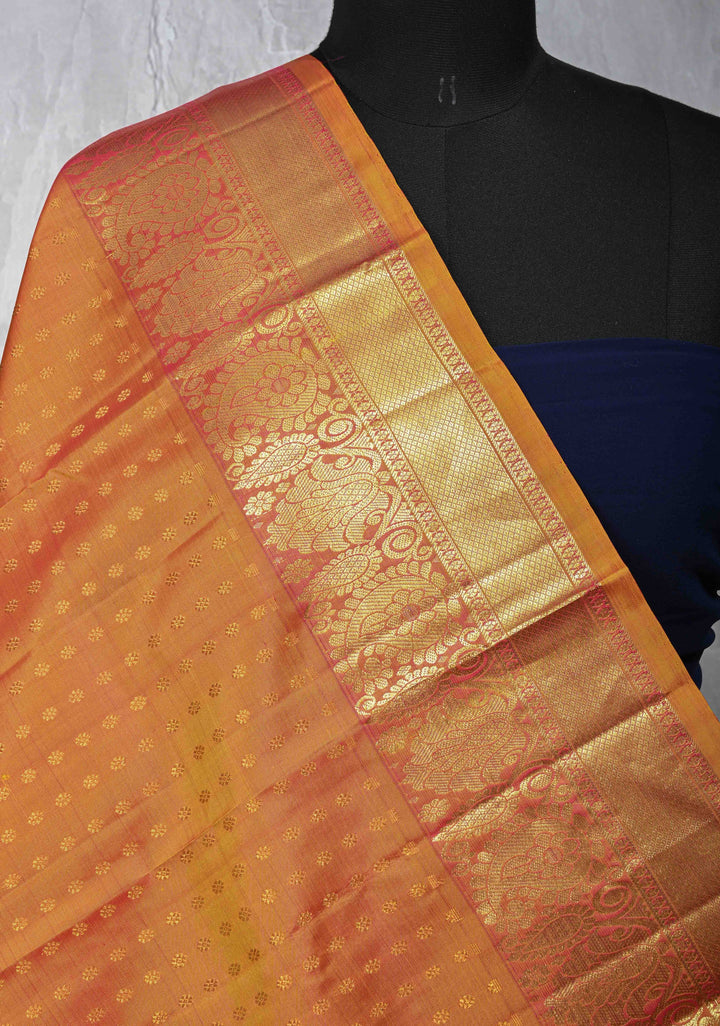DUPATTA: Pure Kanjivaram Dupatta in Mustard Dual tone with Chunri Buttis and Zari Borders | SILK MARK Certified