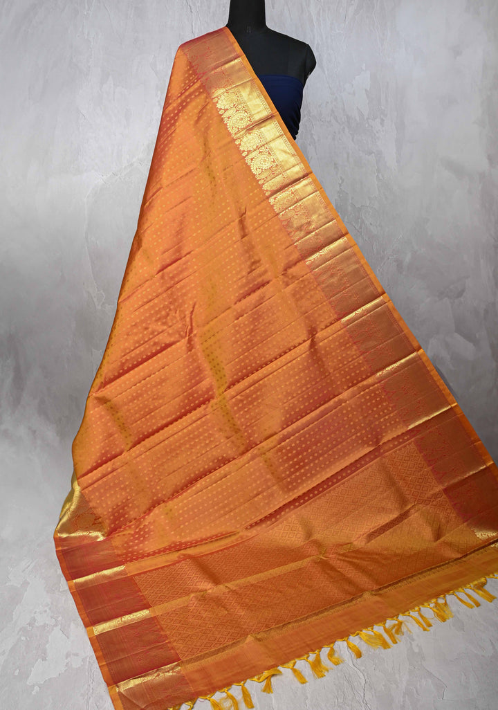 DUPATTA: Pure Kanjivaram Dupatta in Mustard Dual tone with Chunri Buttis and Zari Borders | SILK MARK Certified