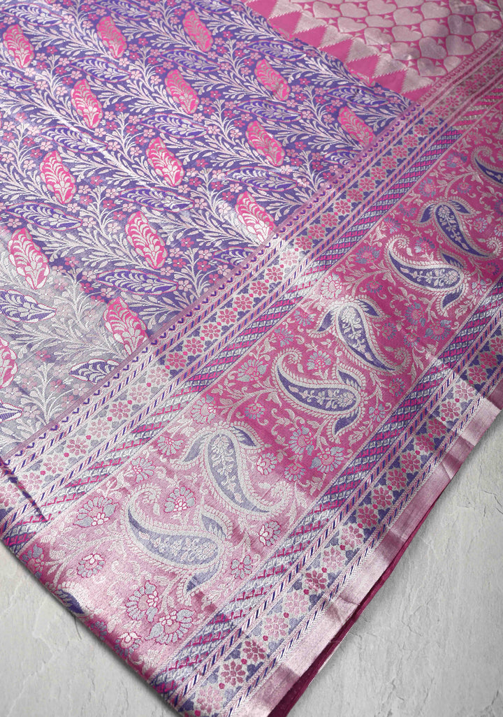 Ink Purple Kanjivaram Tissue Semi Silk Saree with Meenakari Floral Brocade and Paisley Zari Border
