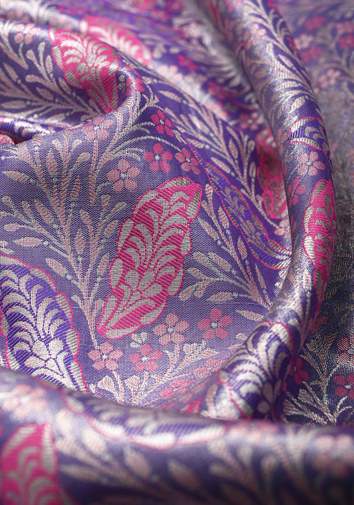 Ink Purple Kanjivaram Tissue Semi Silk Saree with Meenakari Floral Brocade and Paisley Zari Border