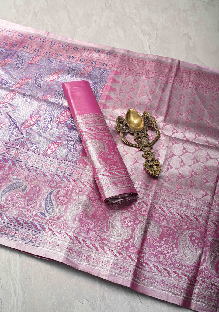 Ink Purple Kanjivaram Tissue Semi Silk Saree with Meenakari Floral Brocade and Paisley Zari Border