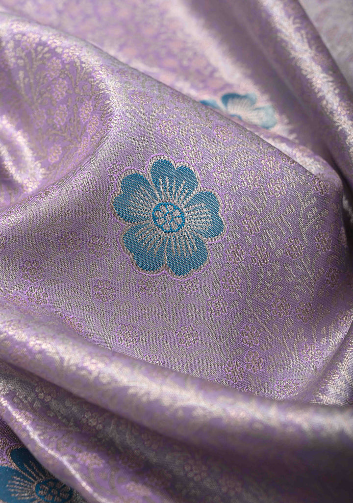 Pastel Purple Brocade Jaal on Kanjivaram Tissue Semi Silk Saree with Meenakari Buttas and Contrast Zari Border
