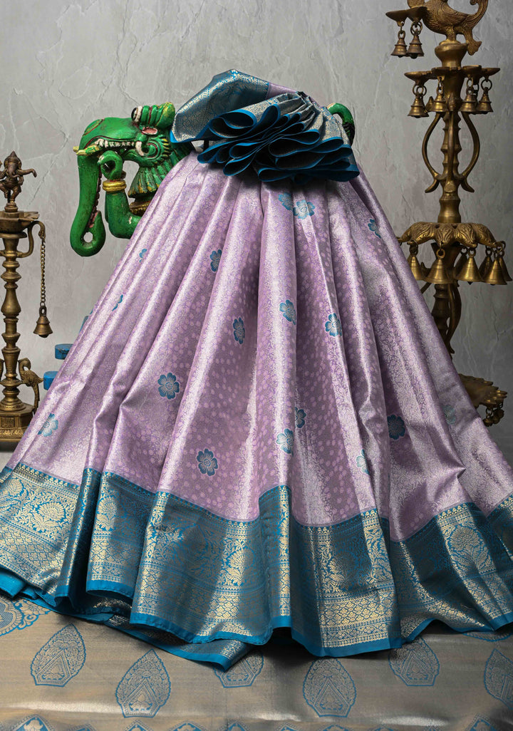 Pastel Purple Brocade Jaal on Kanjivaram Tissue Semi Silk Saree with Meenakari Buttas and Contrast Zari Border