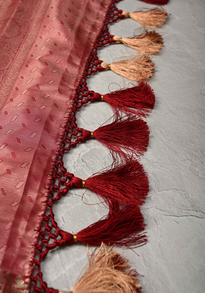 Peach Brocade Jaal on Kanjivaram Tissue Semi Silk Saree with Meenakari Buttas and Contrast Zari Border